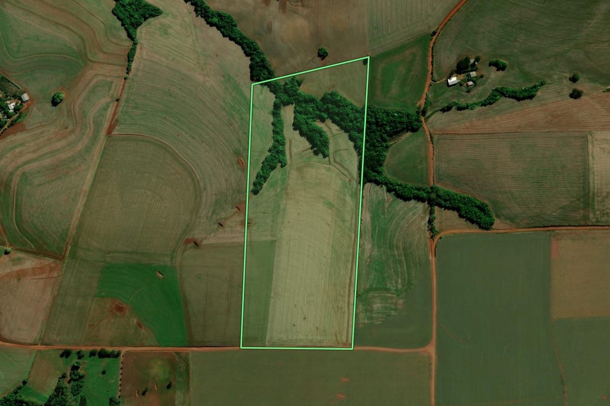 Imagem de satélite do imóvel rural em Ibirubá (RS), com o contorno declarado no CAR desenhado por cima.