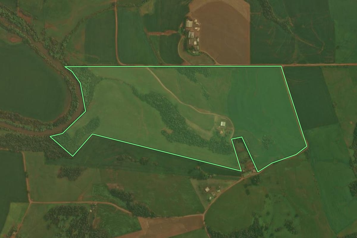 Imagem de satélite do imóvel rural em Ibirubá (RS), com o contorno declarado no CAR desenhado por cima.