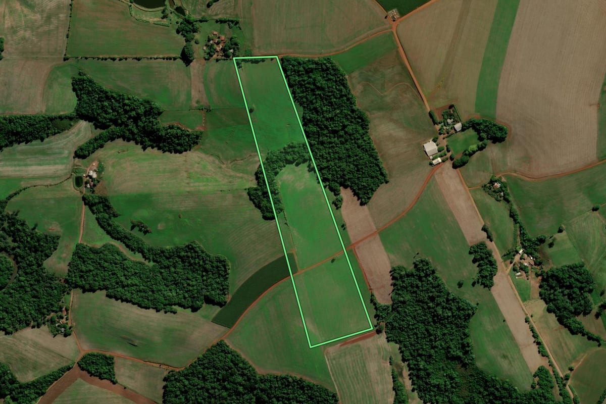 Imagem de satélite do imóvel rural em Ibirubá (RS), com o contorno declarado no CAR desenhado por cima.
