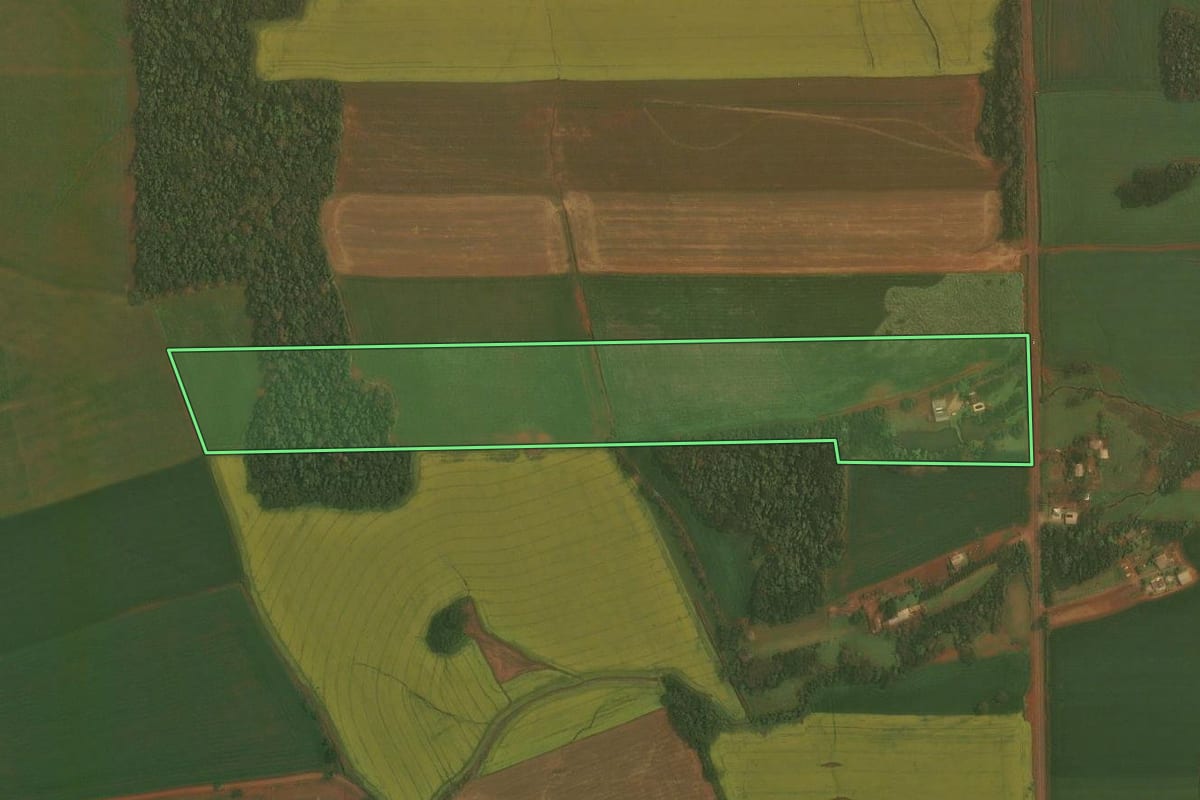 Imagem de satélite do imóvel rural em Ibirubá (RS), com o contorno declarado no CAR desenhado por cima.
