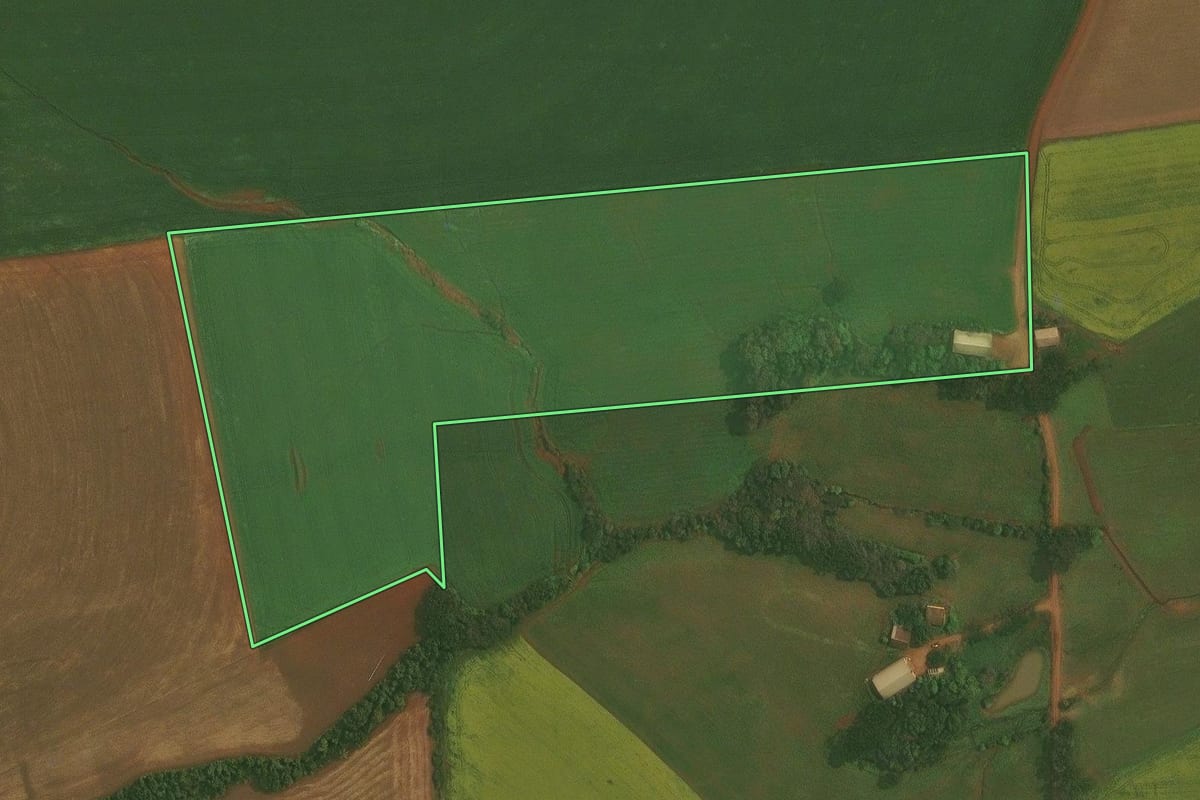 Imagem de satélite do imóvel rural em Ibirubá (RS), com o contorno declarado no CAR desenhado por cima.