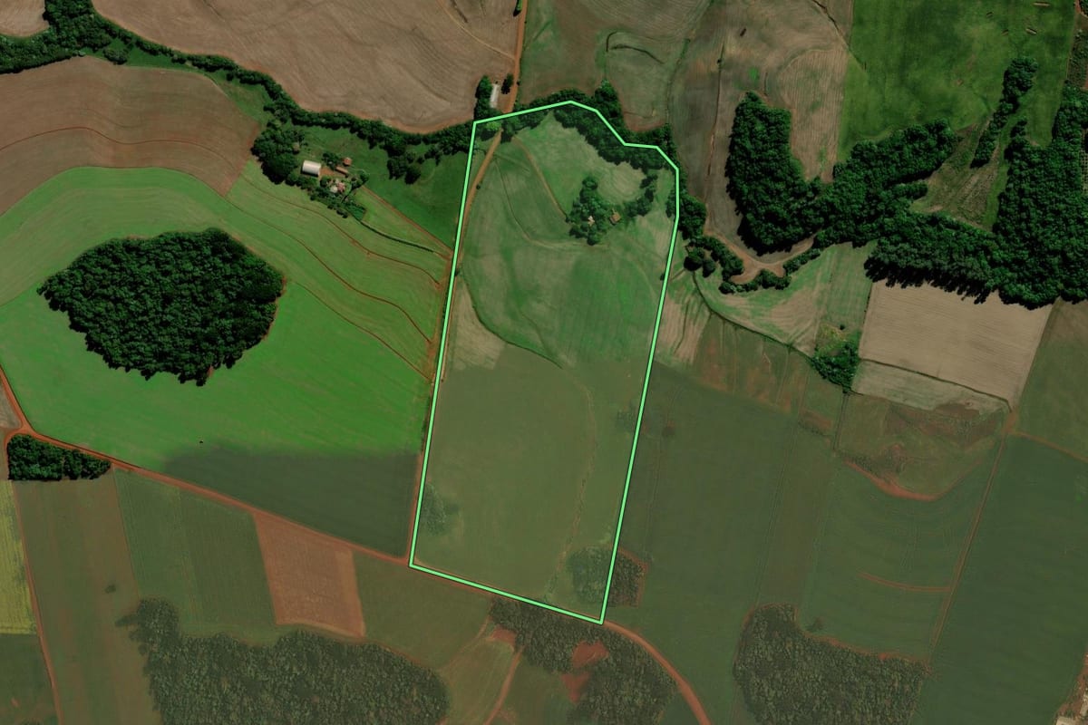 Imagem de satélite do imóvel rural em Ibirubá (RS), com o contorno declarado no CAR desenhado por cima.