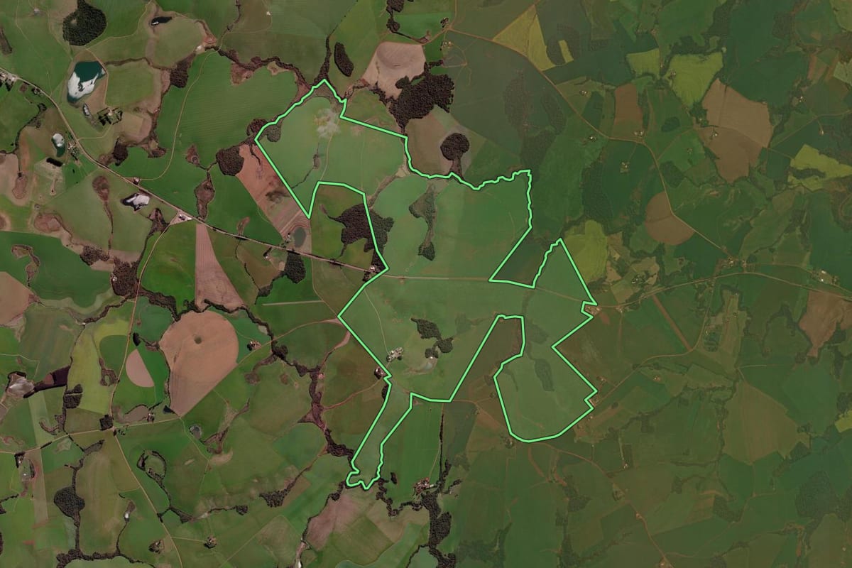 Imagem de satélite do imóvel rural em Ibirubá (RS), com o contorno declarado no CAR desenhado por cima.