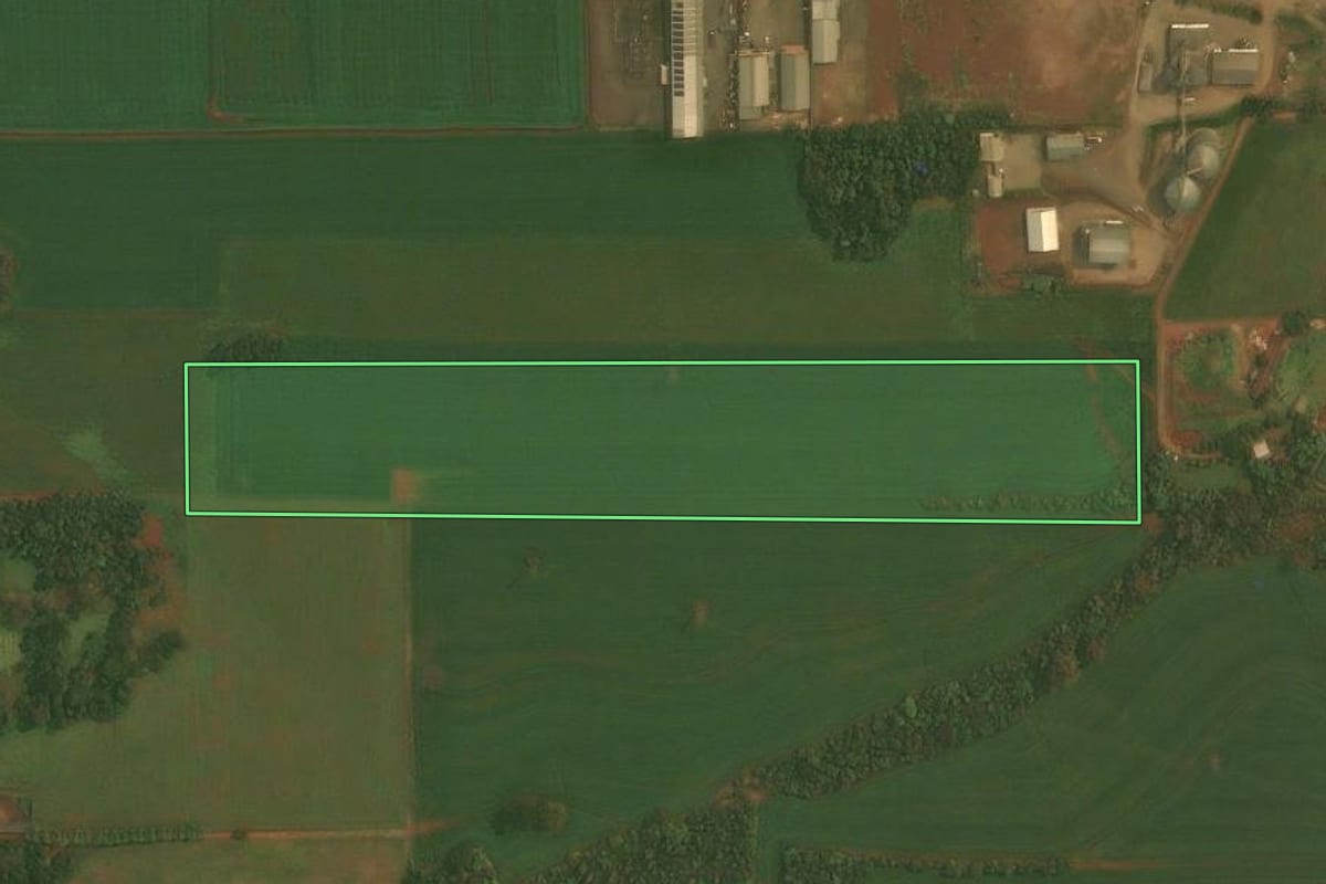 Imagem de satélite do imóvel rural em Ibirubá (RS), com o contorno declarado no CAR desenhado por cima.