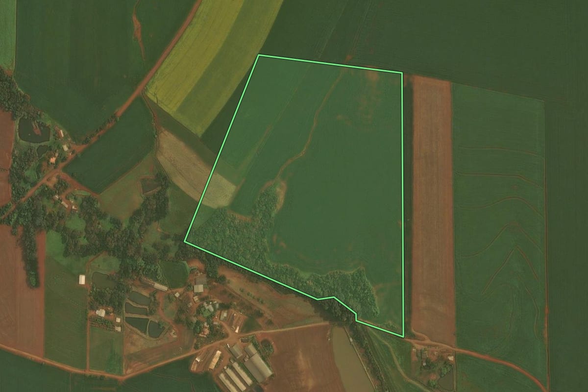 Imagem de satélite do imóvel rural em Ibirubá (RS), com o contorno declarado no CAR desenhado por cima.