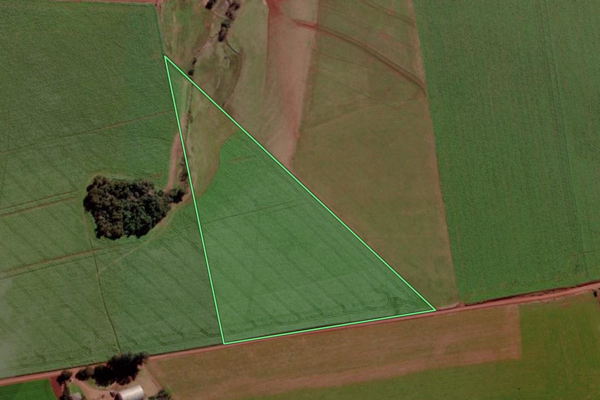 Imagem de satélite do imóvel rural em Ibirubá (RS), com o contorno declarado no CAR desenhado por cima.