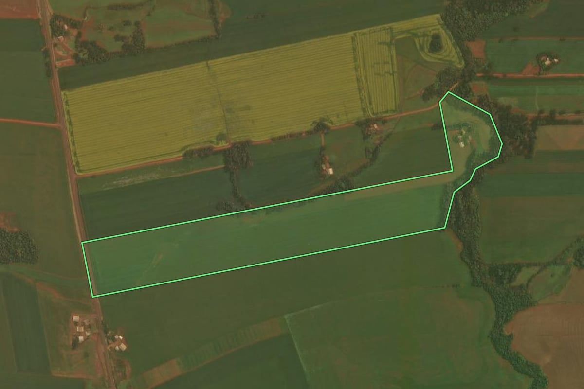 Imagem de satélite do imóvel rural em Ibirubá (RS), com o contorno declarado no CAR desenhado por cima.