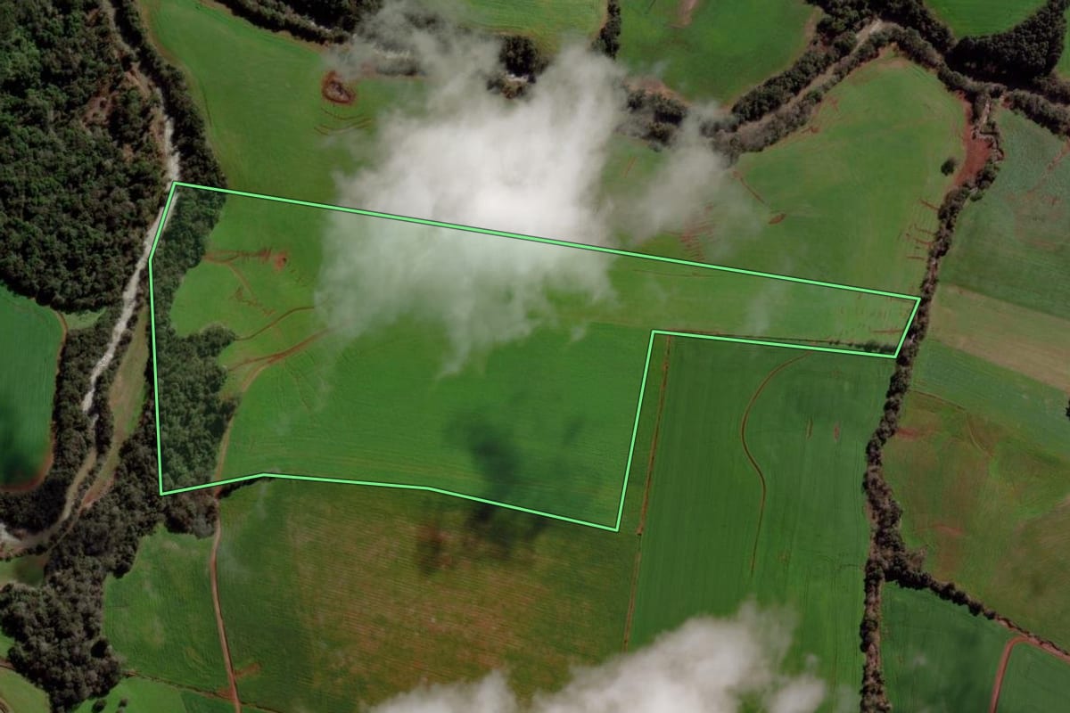 Imagem de satélite do imóvel rural em Ibirubá (RS), com o contorno declarado no CAR desenhado por cima.