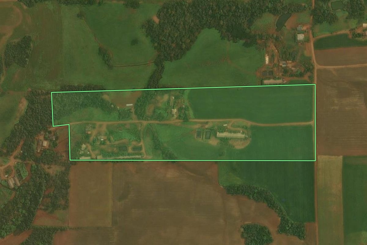 Imagem de satélite do imóvel rural em Ibirubá (RS), com o contorno declarado no CAR desenhado por cima.