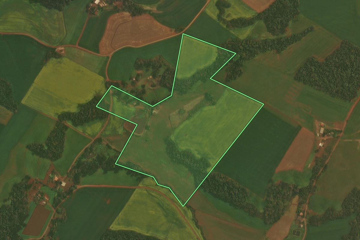 Imagem de satélite do imóvel rural em Ibirubá (RS), com o contorno declarado no CAR desenhado por cima.