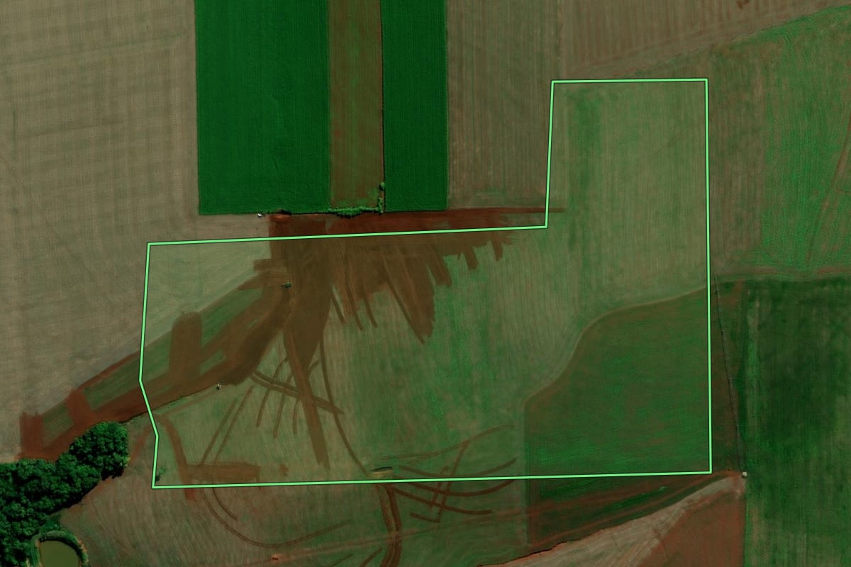 Imagem de satélite do imóvel rural em Ibirubá (RS), com o contorno declarado no CAR desenhado por cima.