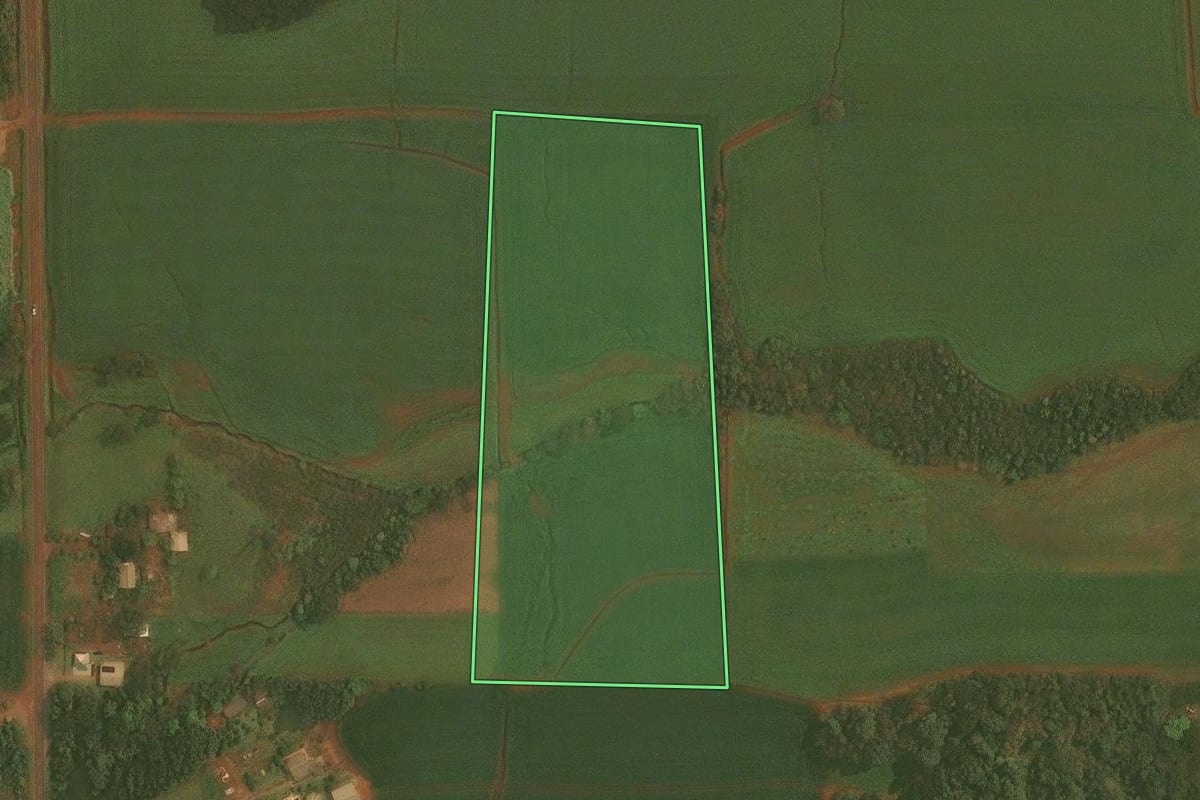 Imagem de satélite do imóvel rural em Ibirubá (RS), com o contorno declarado no CAR desenhado por cima.