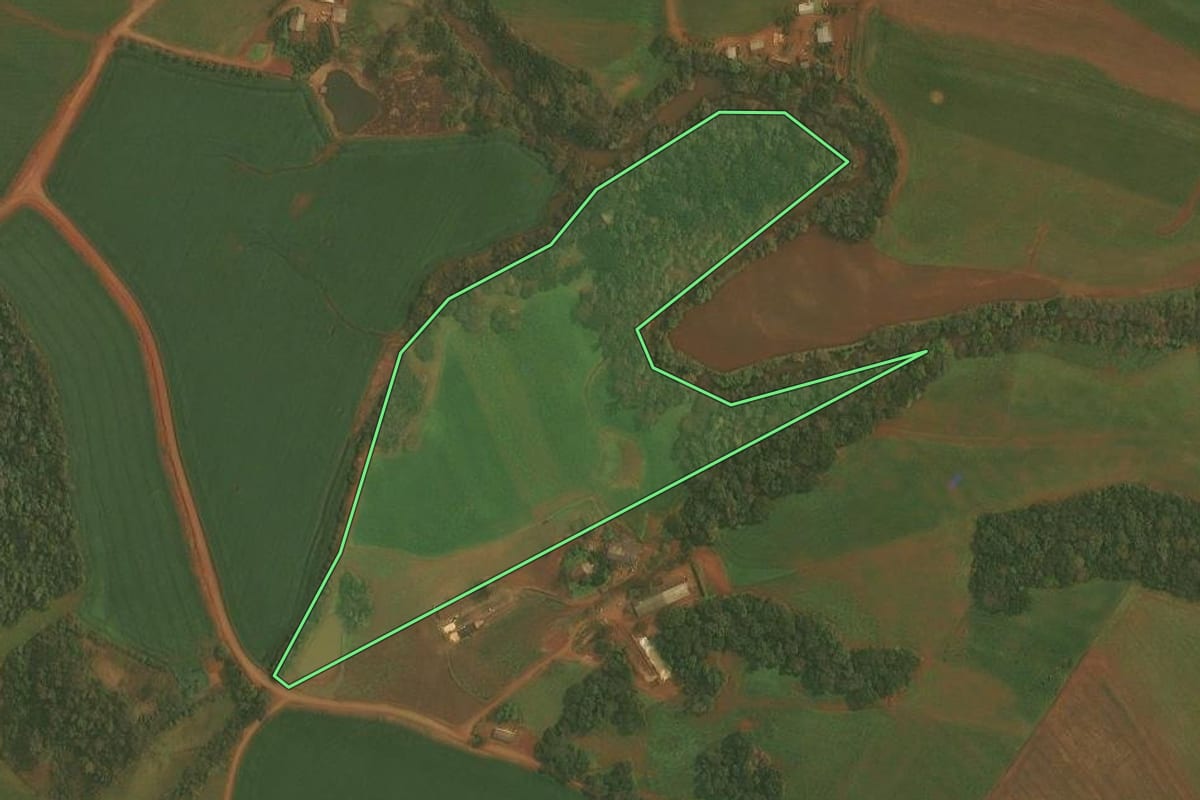 Imagem de satélite do imóvel rural em Ibirubá (RS), com o contorno declarado no CAR desenhado por cima.