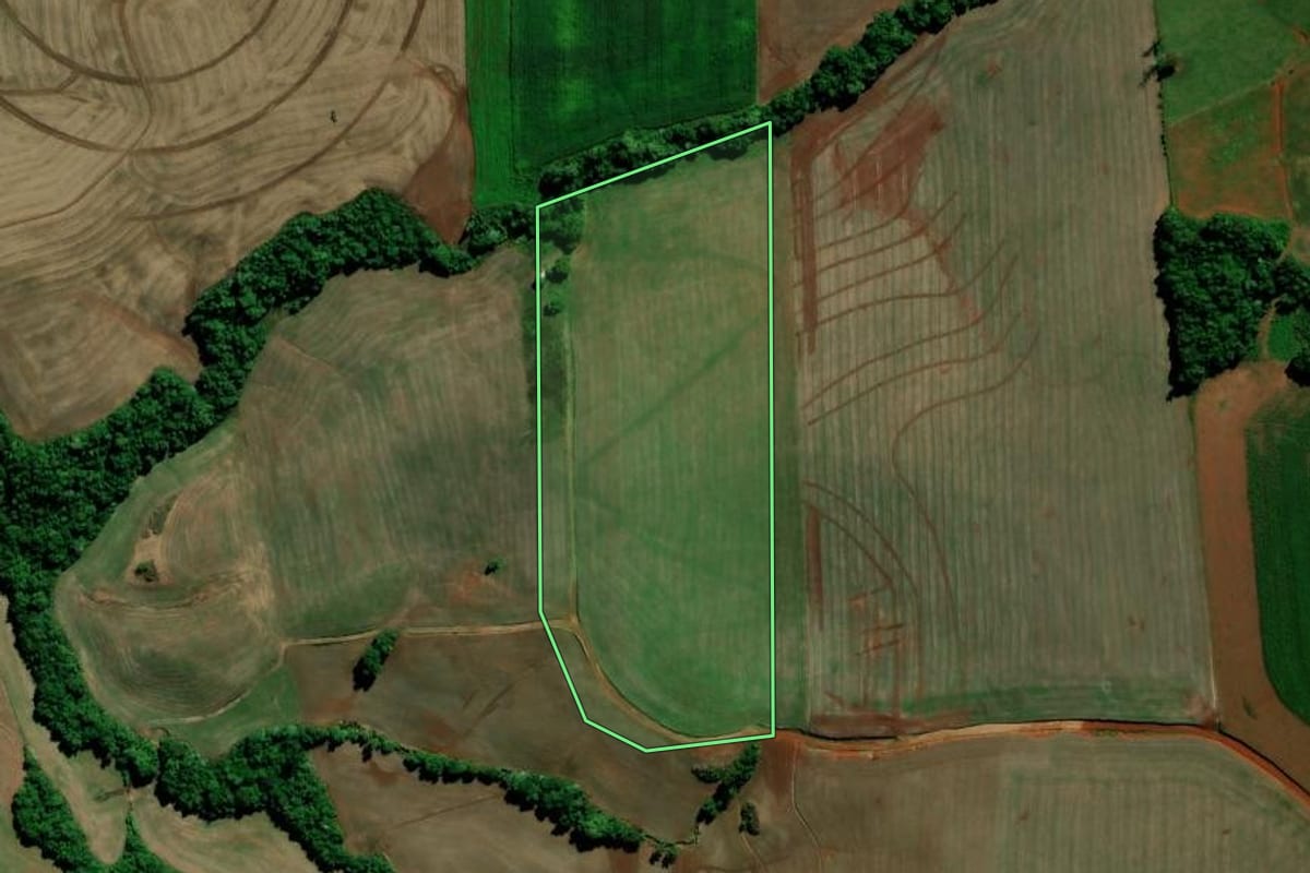 Imagem de satélite do imóvel rural em Ibirubá (RS), com o contorno declarado no CAR desenhado por cima.