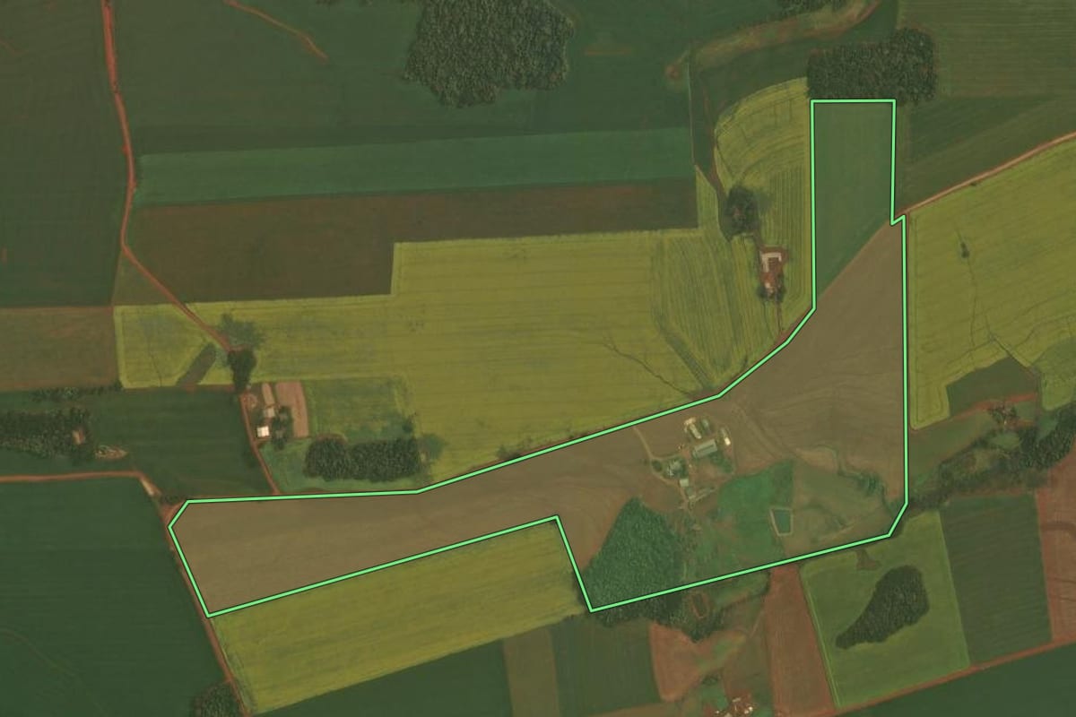 Imagem de satélite do imóvel rural em Ibirubá (RS), com o contorno declarado no CAR desenhado por cima.