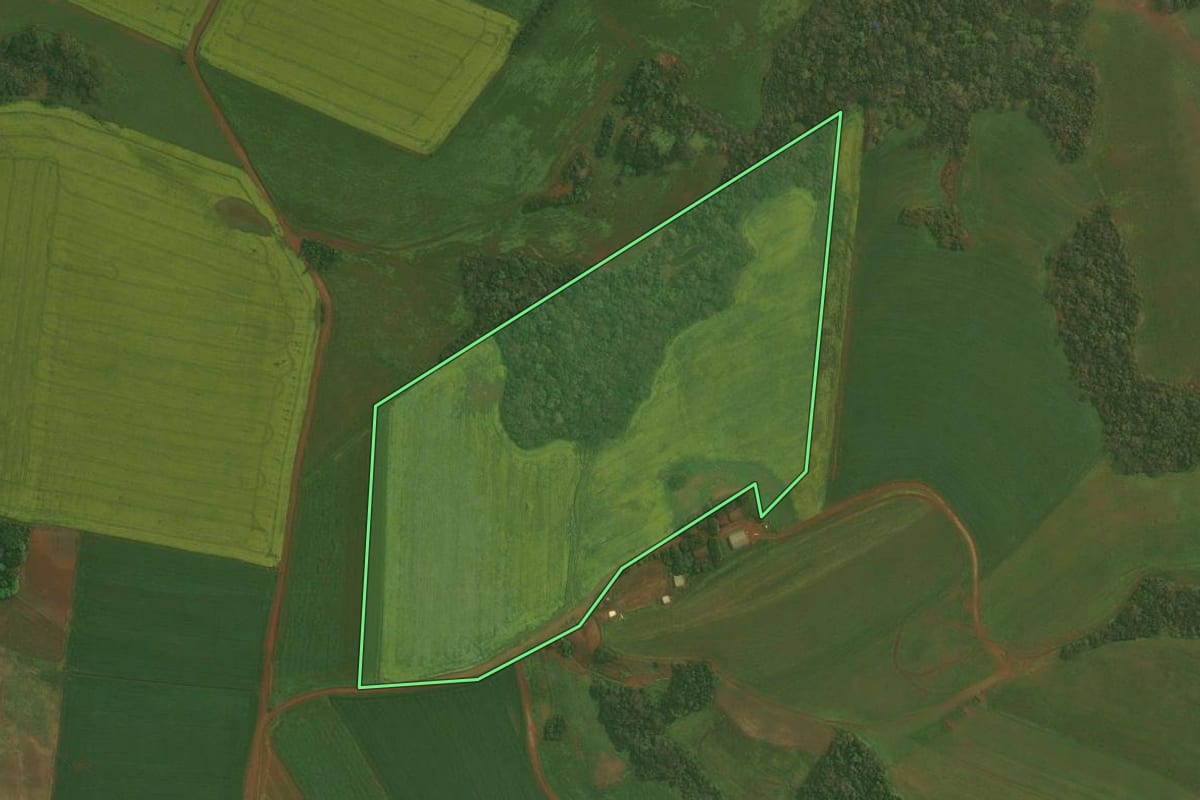Imagem de satélite do imóvel rural em Ibirubá (RS), com o contorno declarado no CAR desenhado por cima.
