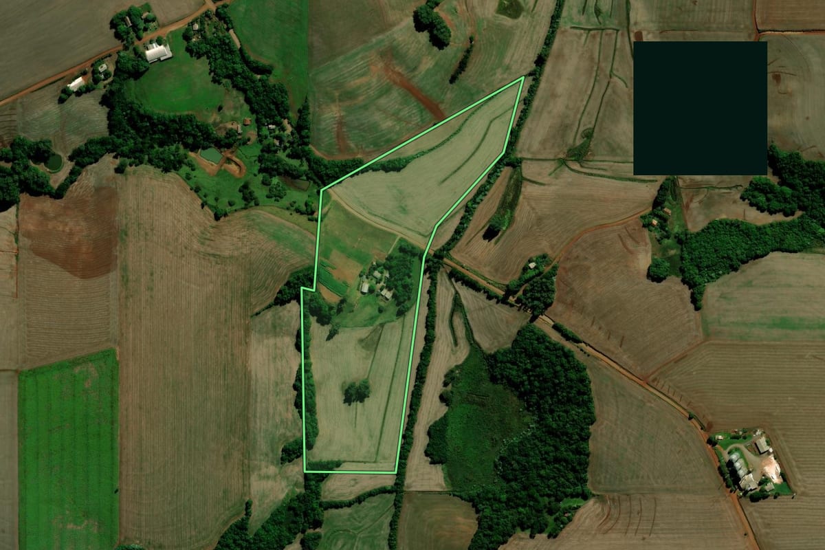 Imagem de satélite do imóvel rural em Ibirubá (RS), com o contorno declarado no CAR desenhado por cima.