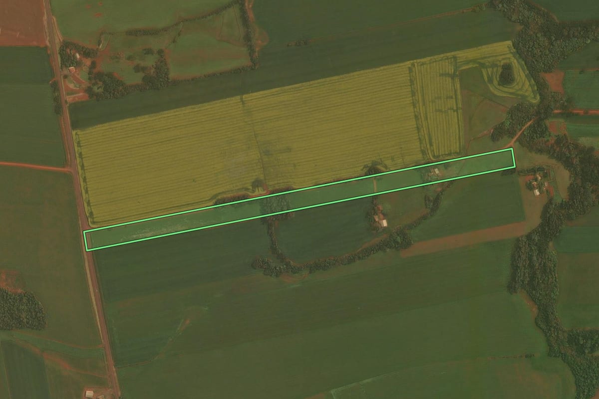 Imagem de satélite do imóvel rural em Ibirubá (RS), com o contorno declarado no CAR desenhado por cima.