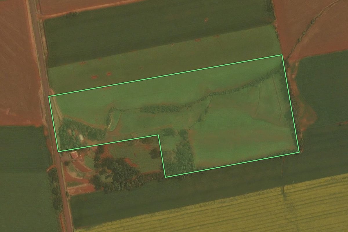 Imagem de satélite do imóvel rural em Ibirubá (RS), com o contorno declarado no CAR desenhado por cima.