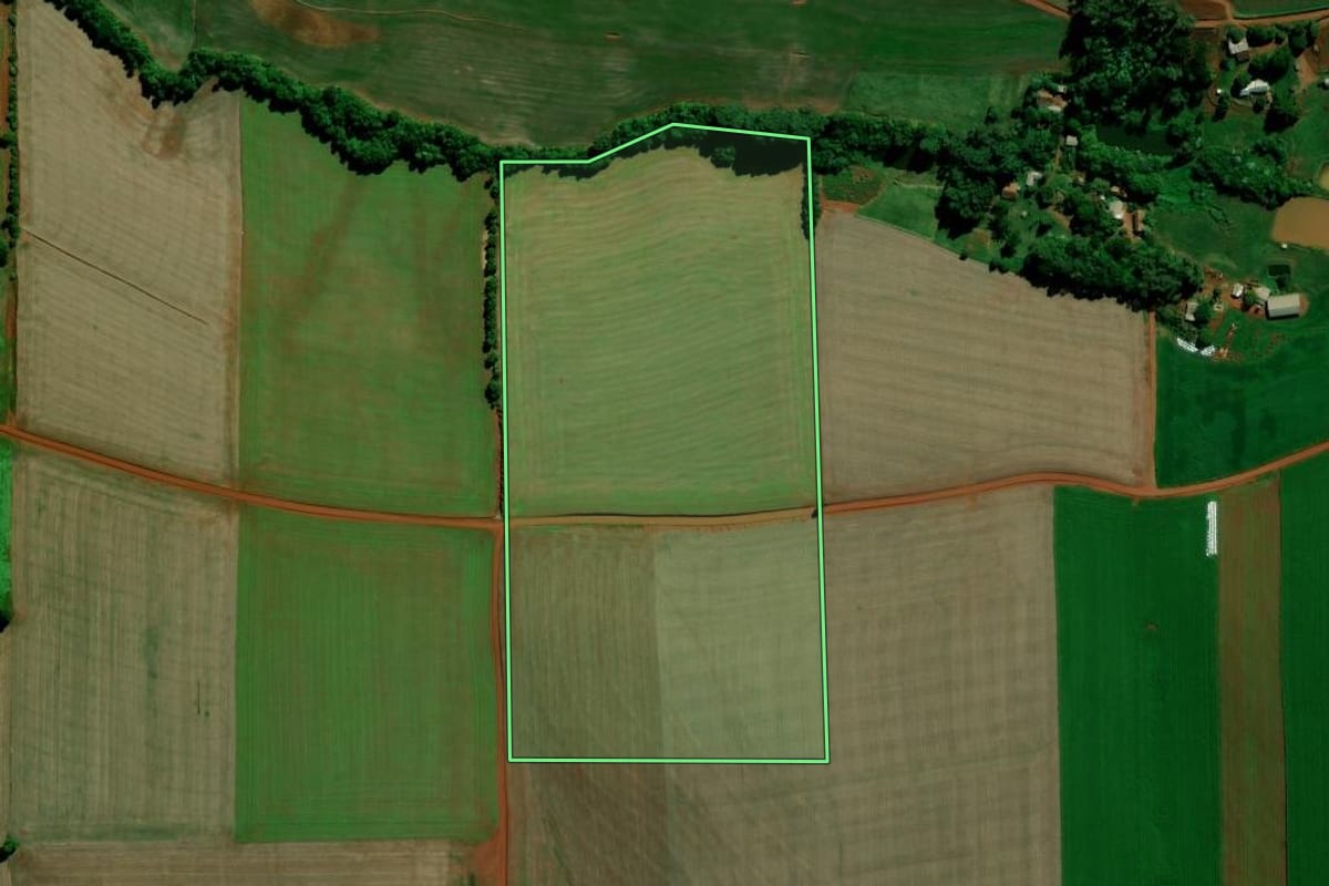 Imagem de satélite do imóvel rural em Ibirubá (RS), com o contorno declarado no CAR desenhado por cima.
