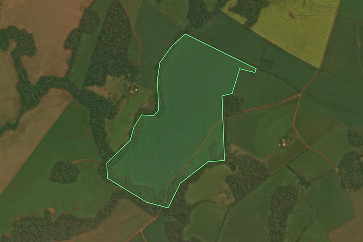 Imagem de satélite do imóvel rural em Ibirubá (RS), com o contorno declarado no CAR desenhado por cima.