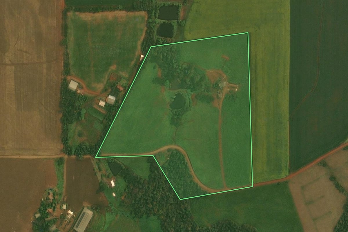 Imagem de satélite do imóvel rural em Ibirubá (RS), com o contorno declarado no CAR desenhado por cima.