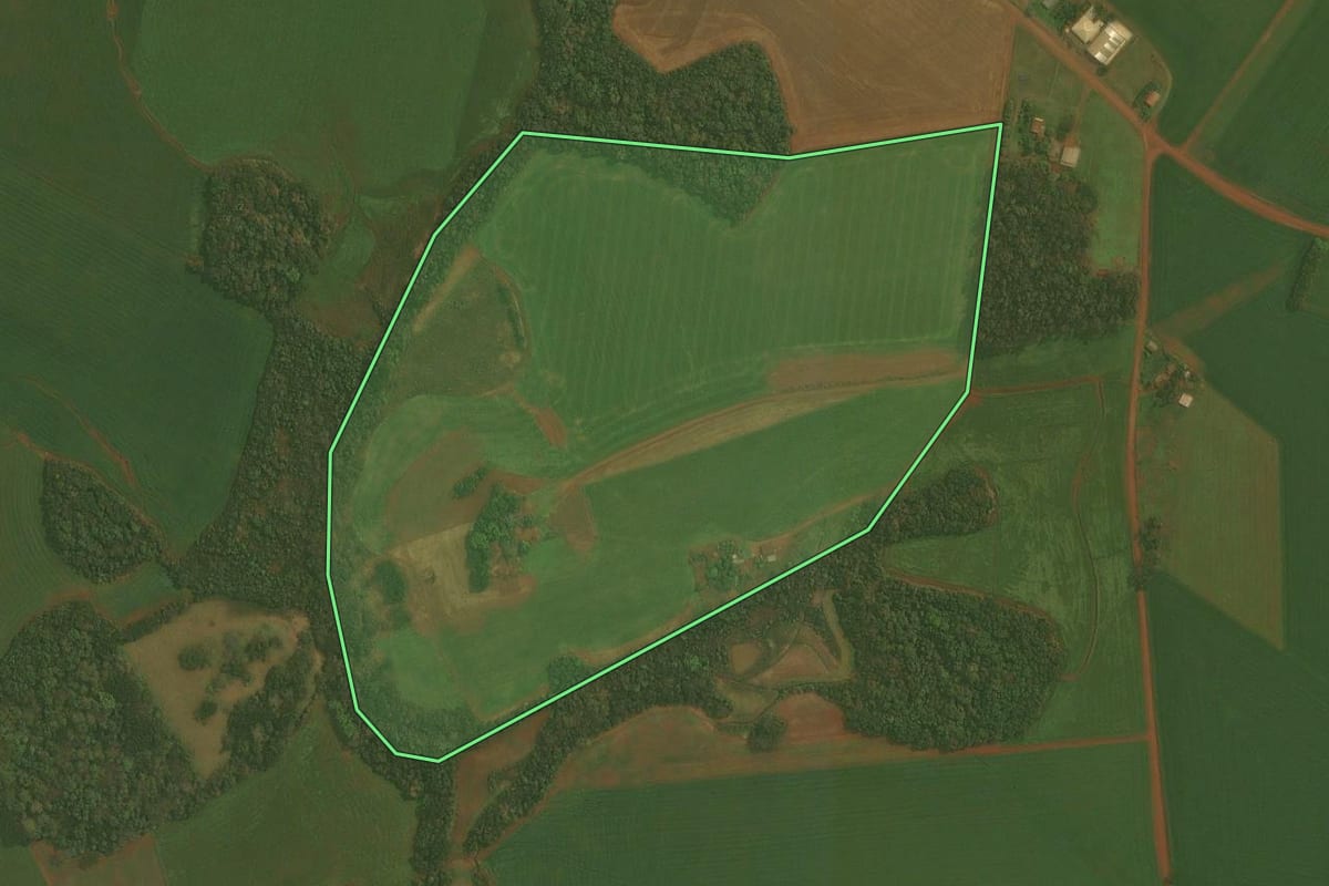 Imagem de satélite do imóvel rural em Ibirubá (RS), com o contorno declarado no CAR desenhado por cima.