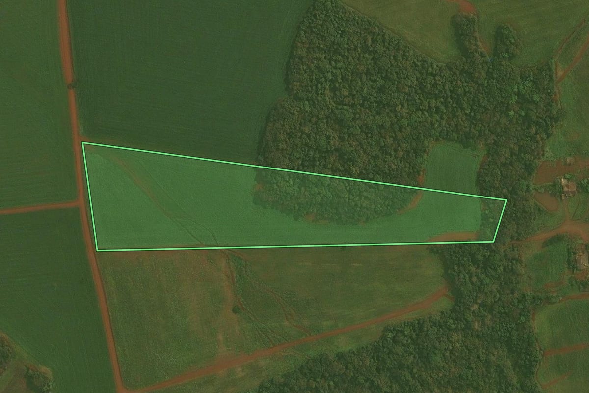 Imagem de satélite do imóvel rural em Ibirubá (RS), com o contorno declarado no CAR desenhado por cima.