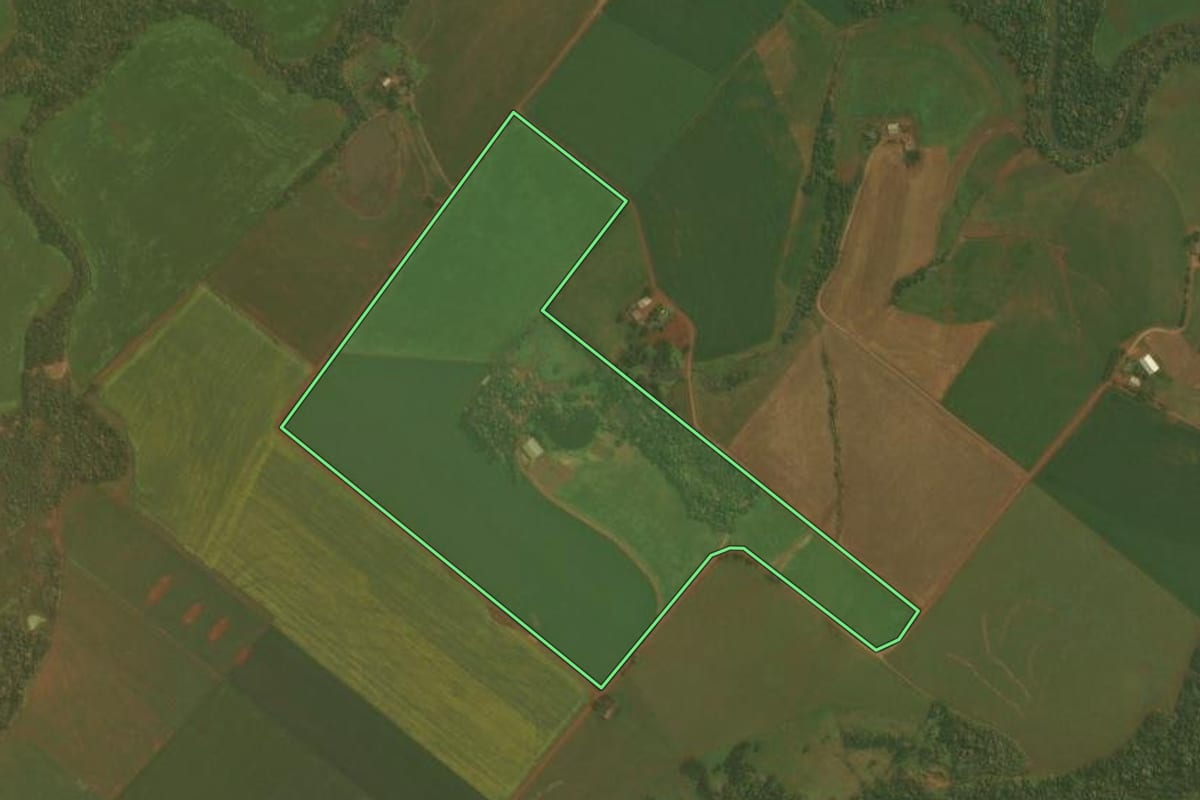 Imagem de satélite do imóvel rural em Ibirubá (RS), com o contorno declarado no CAR desenhado por cima.