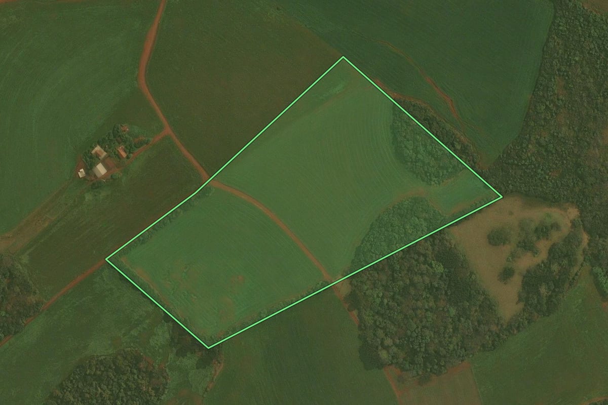 Imagem de satélite do imóvel rural em Ibirubá (RS), com o contorno declarado no CAR desenhado por cima.