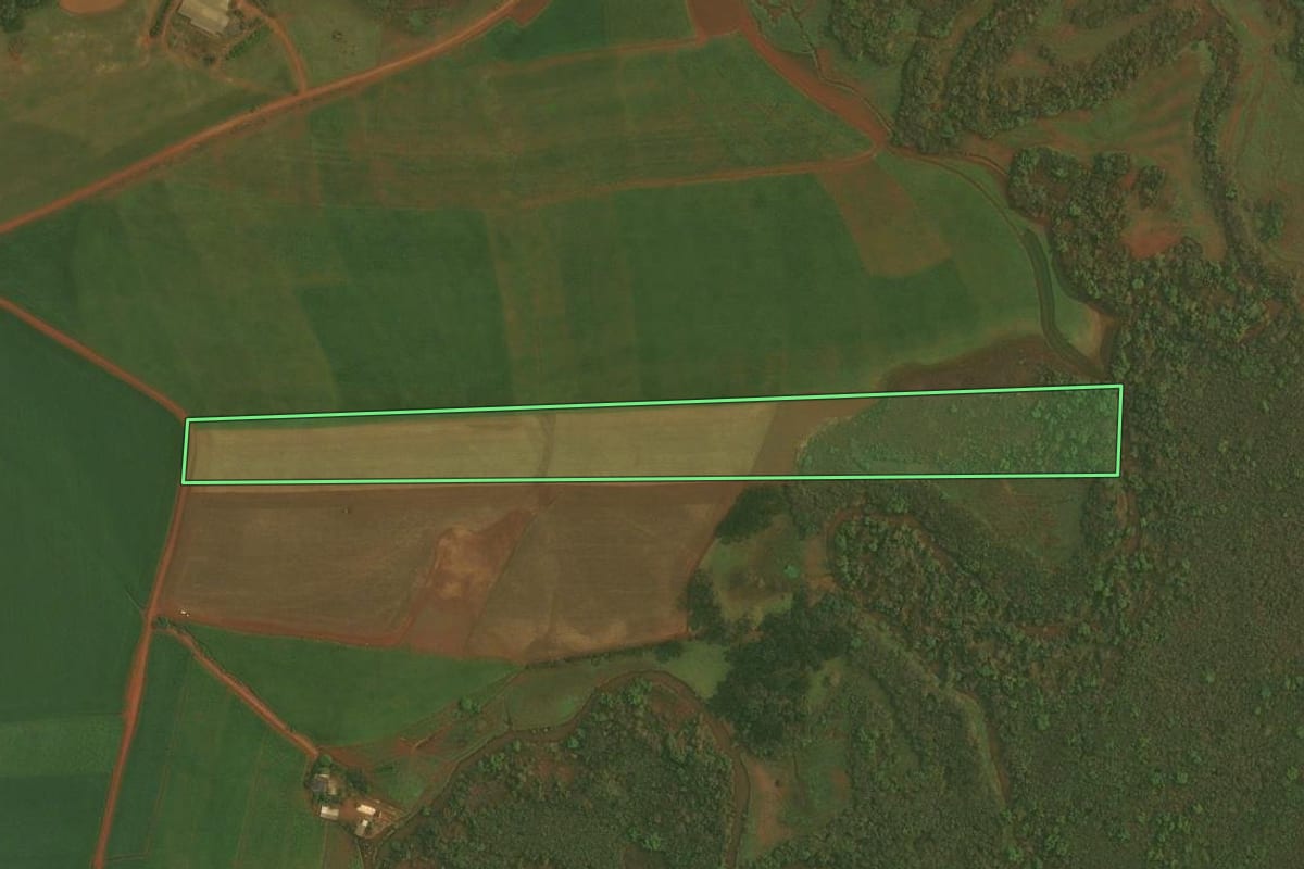Imagem de satélite do imóvel rural em Ibirubá (RS), com o contorno declarado no CAR desenhado por cima.