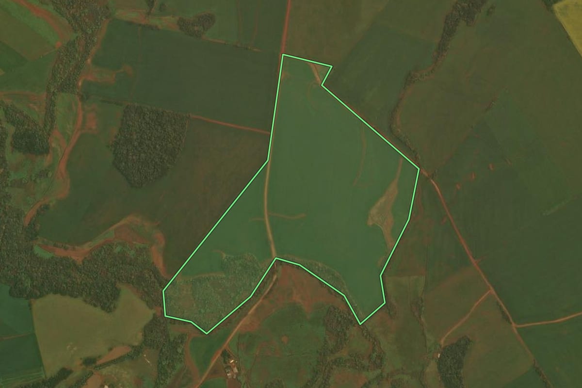 Imagem de satélite do imóvel rural em Ibirubá (RS), com o contorno declarado no CAR desenhado por cima.