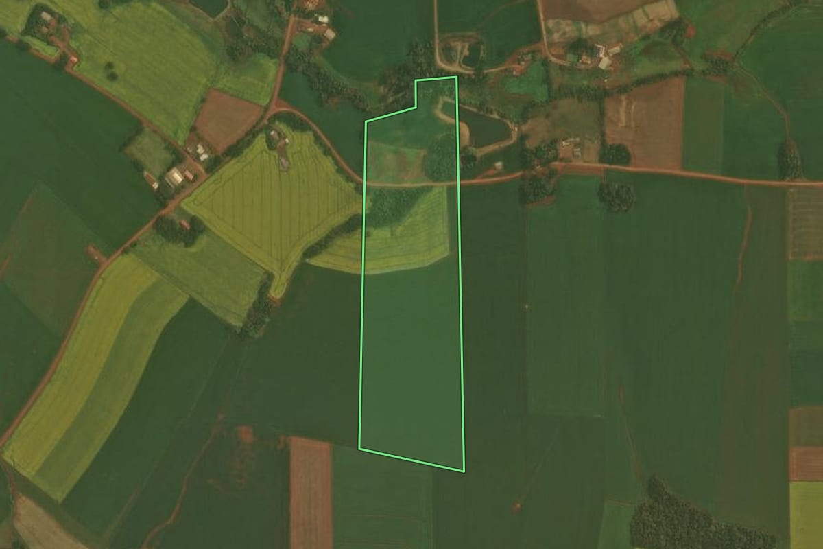 Imagem de satélite do imóvel rural em Ibirubá (RS), com o contorno declarado no CAR desenhado por cima.