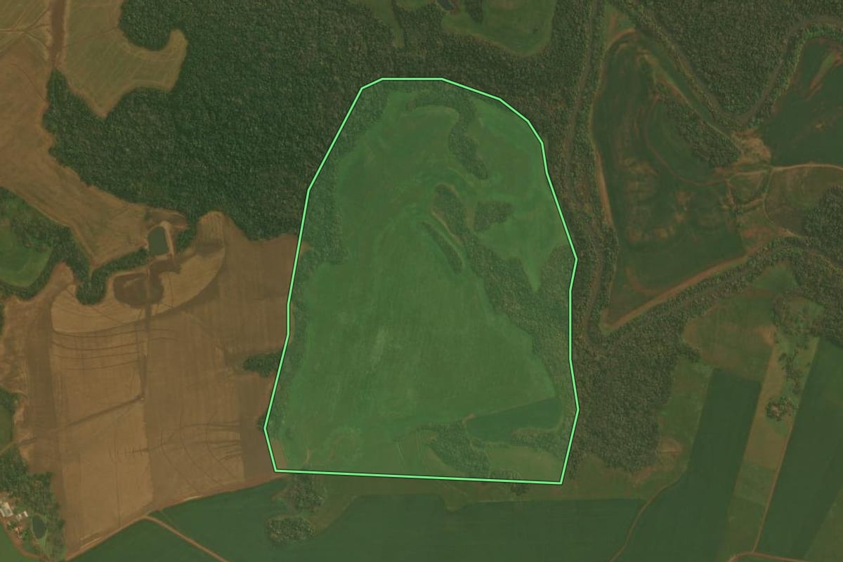 Imagem de satélite do imóvel rural em Ibirubá (RS), com o contorno declarado no CAR desenhado por cima.