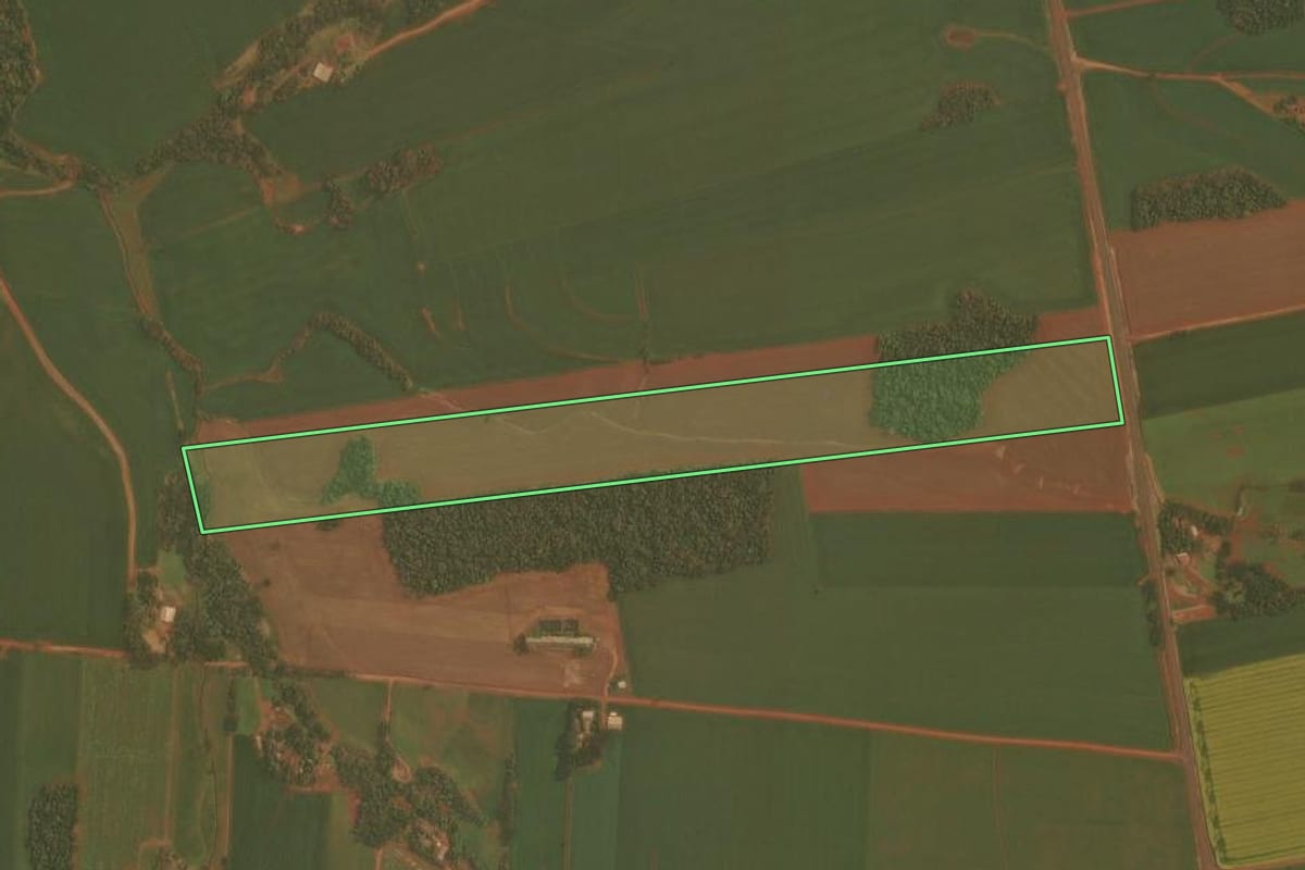 Imagem de satélite do imóvel rural em Ibirubá (RS), com o contorno declarado no CAR desenhado por cima.