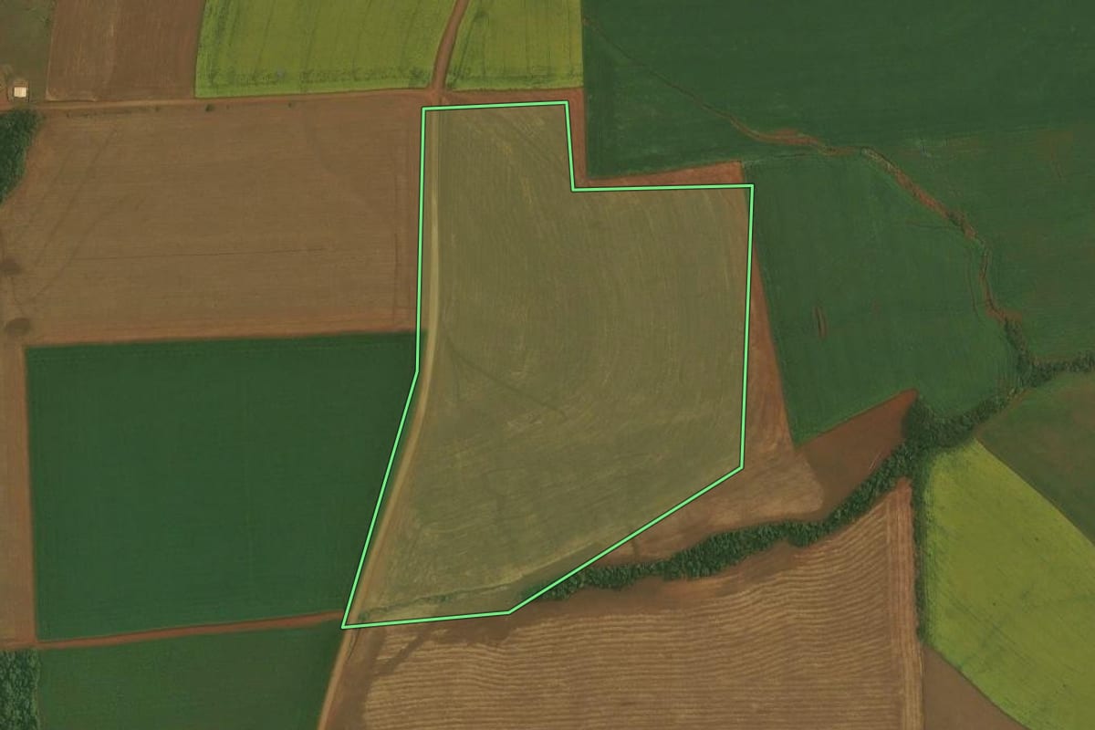 Imagem de satélite do imóvel rural em Ibirubá (RS), com o contorno declarado no CAR desenhado por cima.