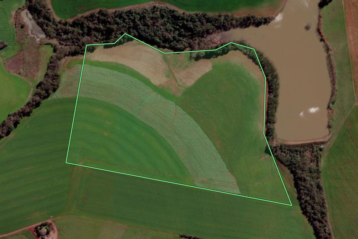 Imagem de satélite do imóvel rural em Ibirubá (RS), com o contorno declarado no CAR desenhado por cima.