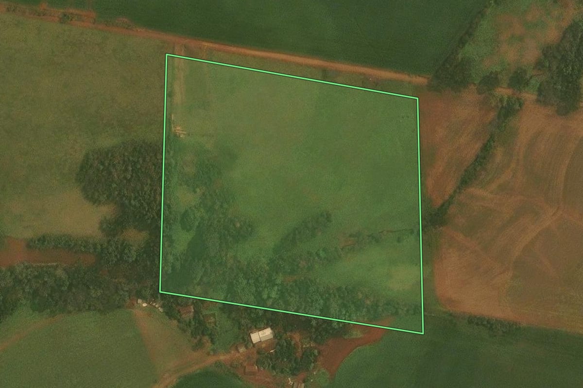Imagem de satélite do imóvel rural em Ibirubá (RS), com o contorno declarado no CAR desenhado por cima.