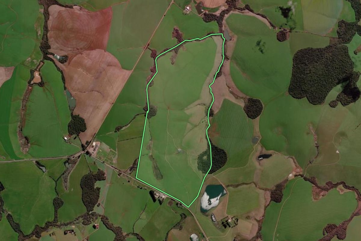 Imagem de satélite do imóvel rural em Ibirubá (RS), com o contorno declarado no CAR desenhado por cima.