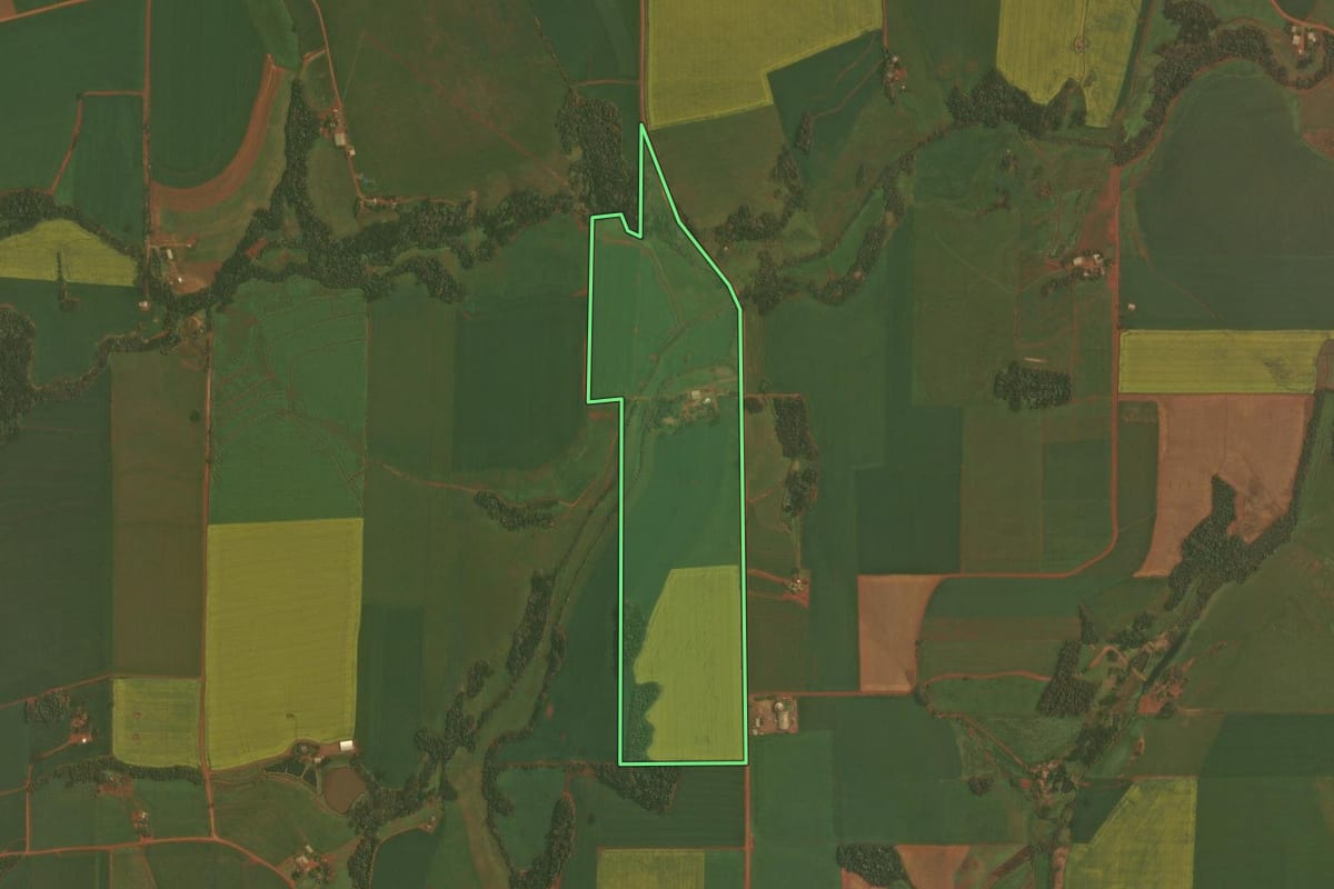 Imagem de satélite do imóvel rural em Ibirubá (RS), com o contorno declarado no CAR desenhado por cima.