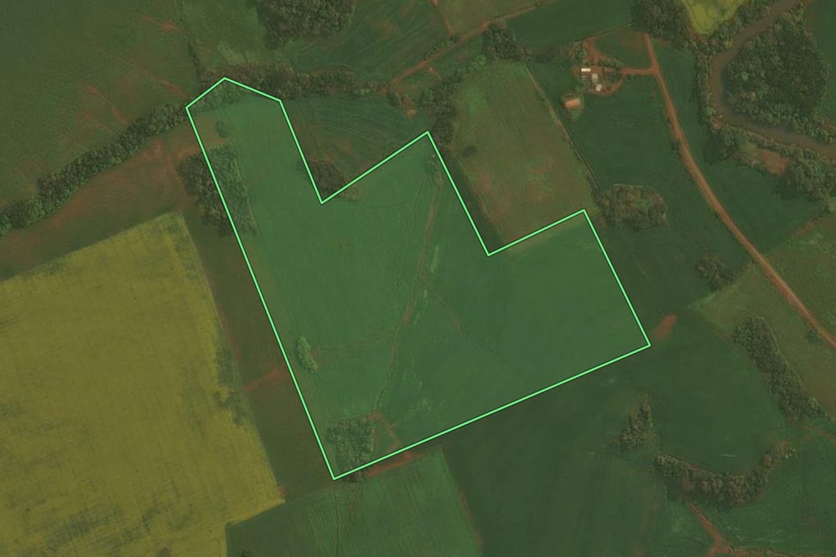 Imagem de satélite do imóvel rural em Ibirubá (RS), com o contorno declarado no CAR desenhado por cima.