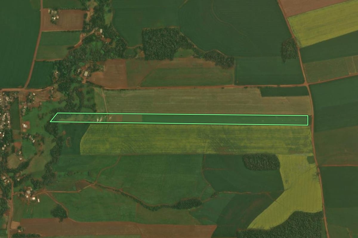 Imagem de satélite do imóvel rural em Ibirubá (RS), com o contorno declarado no CAR desenhado por cima.