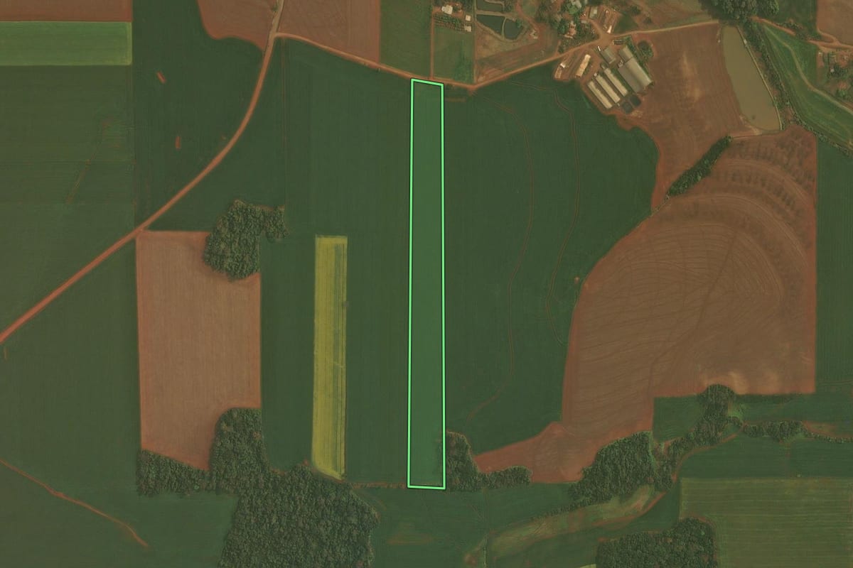 Imagem de satélite do imóvel rural em Ibirubá (RS), com o contorno declarado no CAR desenhado por cima.