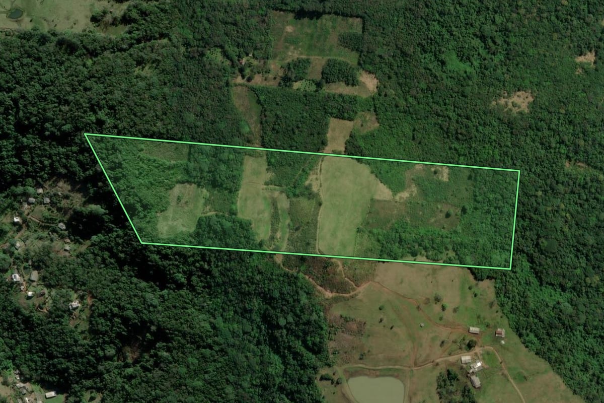Imagem de satélite do imóvel rural em Igrejinha (RS), com o contorno declarado no CAR desenhado por cima.