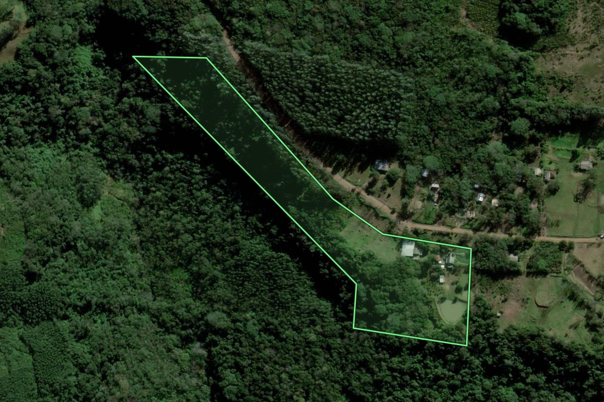 Imagem de satélite do imóvel rural em Igrejinha (RS), com o contorno declarado no CAR desenhado por cima.