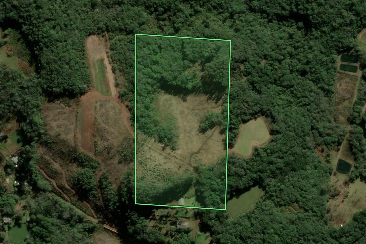 Imagem de satélite do imóvel rural em Igrejinha (RS), com o contorno declarado no CAR desenhado por cima.