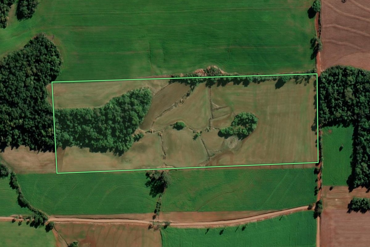Imagem de satélite do imóvel rural em Ijuí (RS), com o contorno declarado no CAR desenhado por cima.