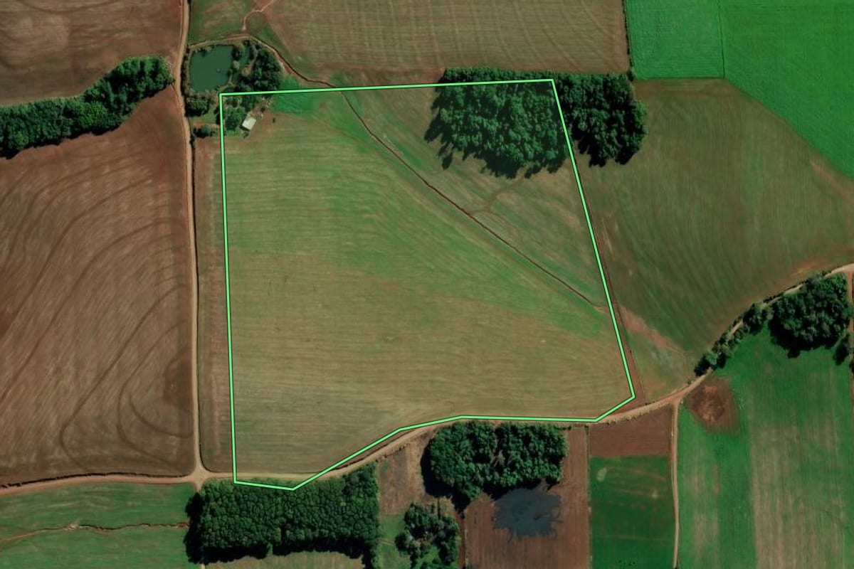 Imagem de satélite do imóvel rural em Ijuí (RS), com o contorno declarado no CAR desenhado por cima.