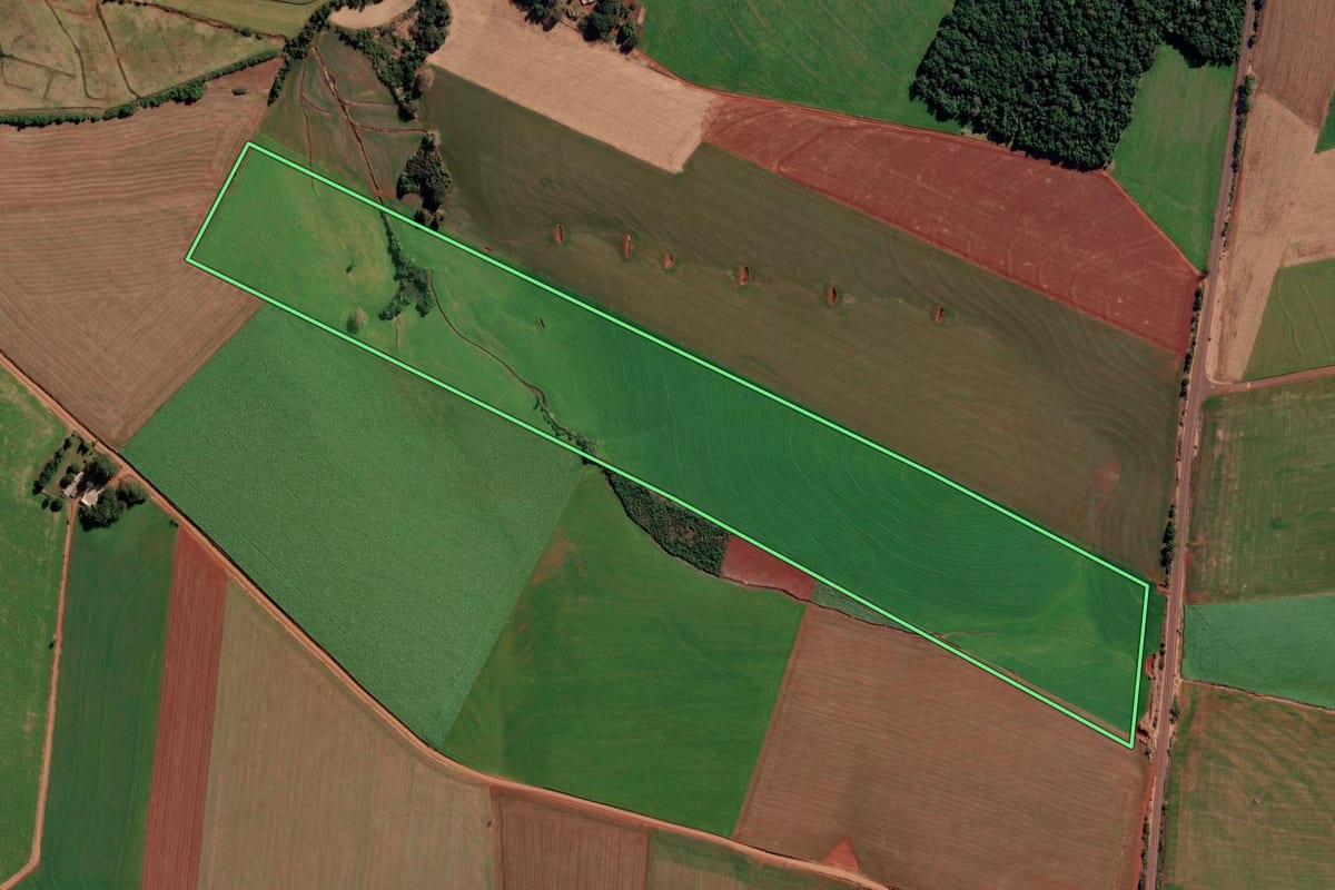 Imagem de satélite do imóvel rural em Ijuí (RS), com o contorno declarado no CAR desenhado por cima.