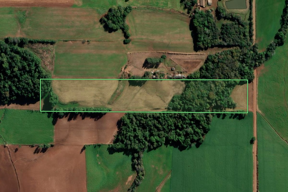 Imagem de satélite do imóvel rural em Ijuí (RS), com o contorno declarado no CAR desenhado por cima.